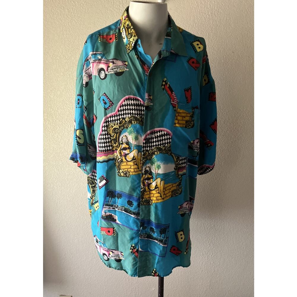 Silk Club Vintage 90s 100% Silk Shirt – Miami Cars Pin-Up Graphic – Size XL